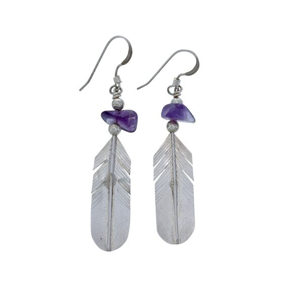 Vintage LHTC Sterling Silver 925 Amethyst Feather Dangle Earrings - Picture 1 of 5